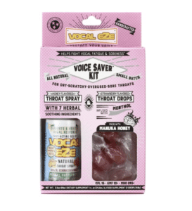 Vocal Eze Voice Saver Kit in pink packaging—perfect for gifts—features a throat spray and manuka honey drops to relieve dry or overused vocal cords.